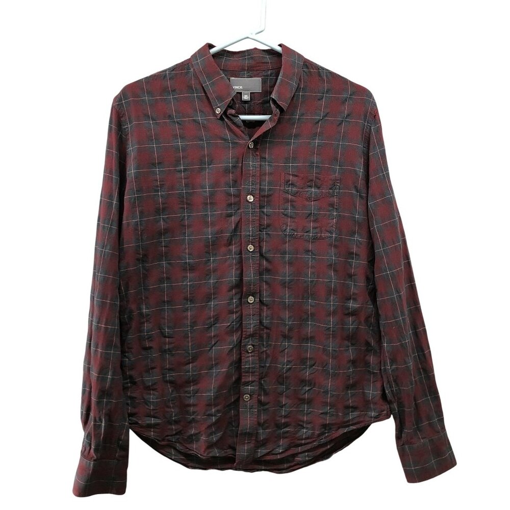 Vince Button Down‎ Shirt Mens M Long Sleeve Wine Red Blue Plaid Lightweight